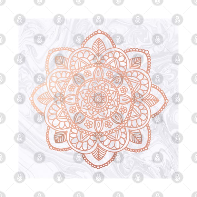 Rose Gold Mandala on White Marble by julieerindesigns