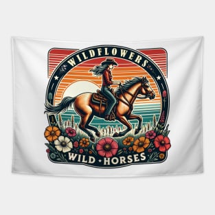 Wildflowers & Wild Horses Retro Western Cowgirl Riding Horse Tapestry