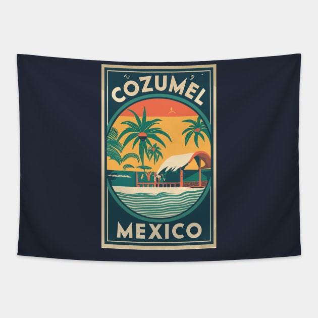 A Vintage Travel Art of Cozumel - Mexico Tapestry by goodoldvintage