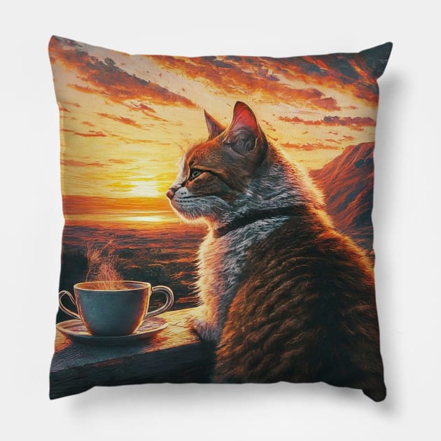 funny cat watching sunset with coffee, funny cats and coffee, cats lover Pillow by elhlaouistore