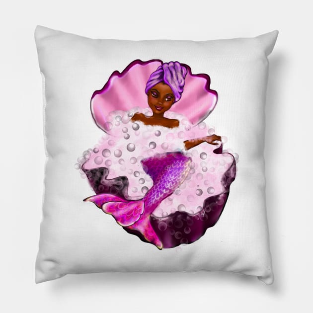 Mermaid spa day in Oyster clam shell 3 - Black anime mermaid in bubble bath. Pretty black girl with Afro hair, green eyes, Cherry pink lips and dark brown skin. Hair love ! Pillow by Artonmytee