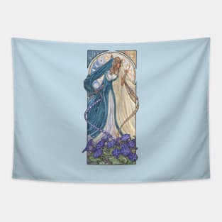 Lady of September with Sapphire and Morning Glories Celestial Moon and Sun Goddess Mucha Inspired Birthstone Series Tapestry