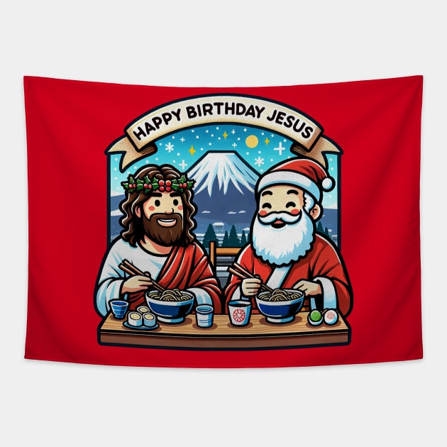 Happy Birthday Jesus Santa Claus Ramen Sushi Matcha Mount Fuji White Christmas Tapestry by Plushism