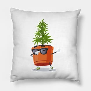 Dabbing cartoon cannabis marijuana plant in a pot mascot Pillow