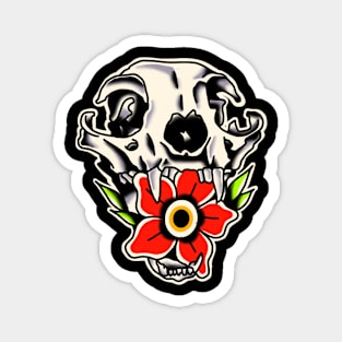 skull cat flower traditional tattoo Magnet