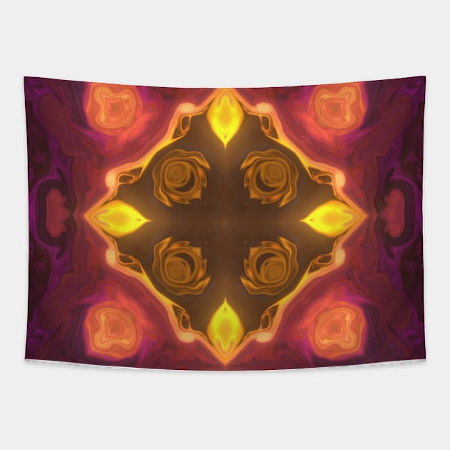 Psychedelic Kaleidoscope Square Yellow Orange and Purple Tapestry by WormholeOrbital