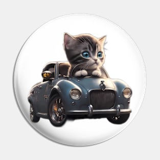 Cute tabby kitten in vintage convertible car Pin