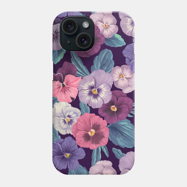 Colorful pansies on deep violet Phone Case by katerinamk