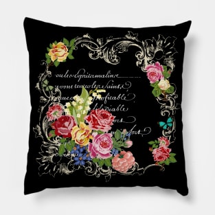 Victorian roses, butterflies in French scroll frames, with French script in background. Pillow