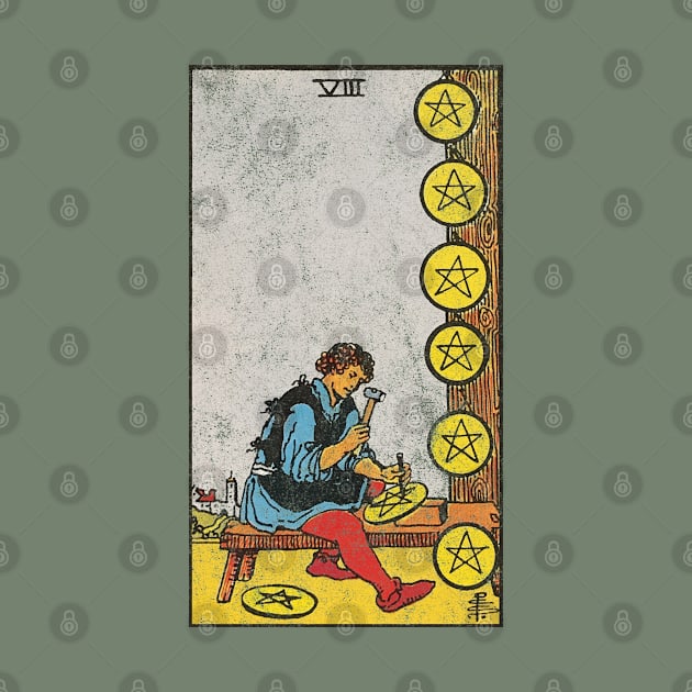 Eight of pentacles tarot card (distressed) by Nate's World of Tees