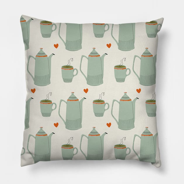 Pattern with ceramic kitchen utensils and hot drink Pillow by DanielK