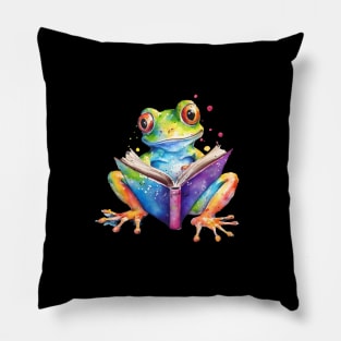 Gradient Rainbow Book Reading Frog Watercolor T-Shirt Pillow