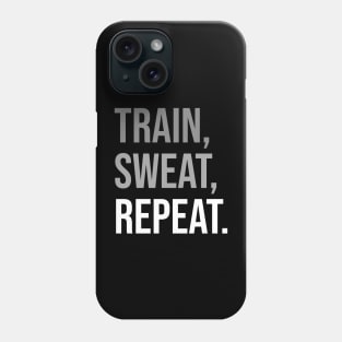 TRAIN, SWEAT, REPEAT. (DARK BG) | Minimal Text Aesthetic Streetwear Unisex Design for Fitness/Athletes | Shirt, Hoodie, Coffee Mug, Mug, Apparel, Sticker, Gift, Pins, Totes, Magnets, Pillows Phone Case