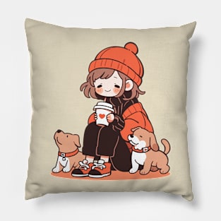 Cute dog mom drinking coffee with her dogs Pillow