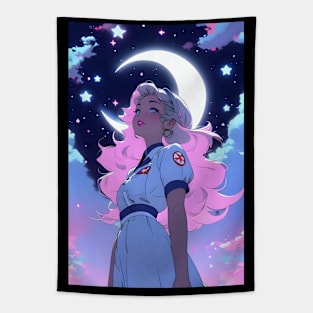 Anime nurse moon lover in night sky cresent moon stars Tapestry