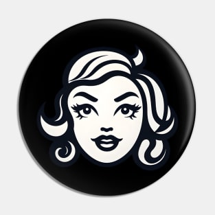 Classic Retro Pin-Up Girl Head in Monochrome Style Pin