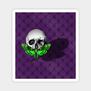 Acid Green Skull Moth on Purple Spider Pattern - Goth Fashion - Halloween Magnet