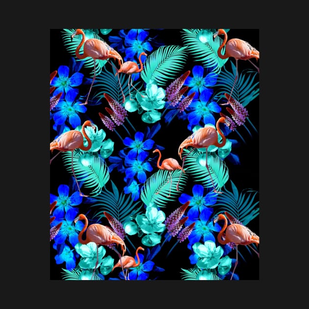 Flamingo Palm, Blue Flowers, Black by Random Galaxy