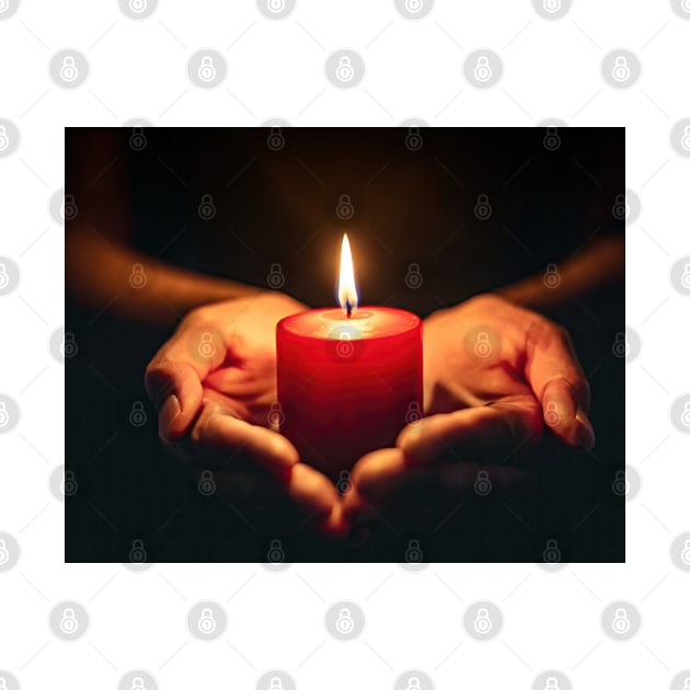 Small red candle burning held in hands on black background generative ai by clearviewstock