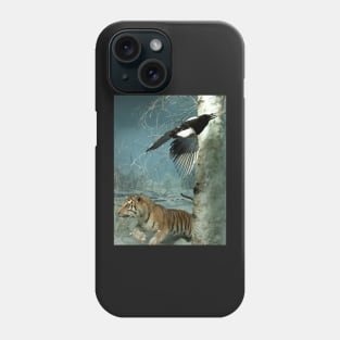 Natural environment diorama - a tiger and a bird in the snow Phone Case