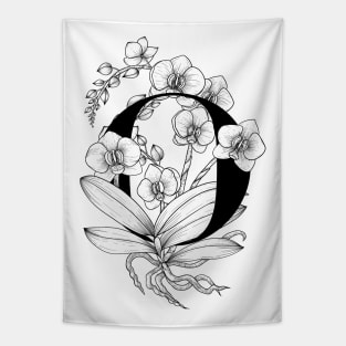 Monogram O with Orchids Line Art Tapestry