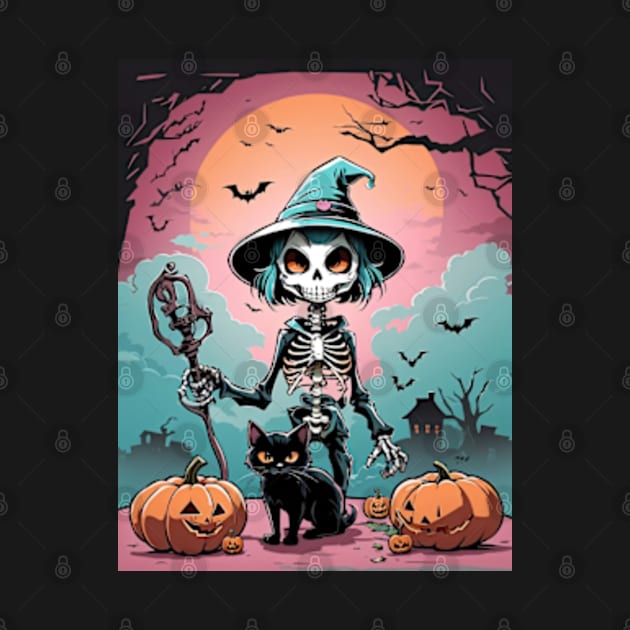 Halloween skeleton witch with her spooky friends by BrisaArtPrints