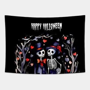 Happy Halloween: Halloween Skeletons in Love 2 on a Dark Background Tapestry