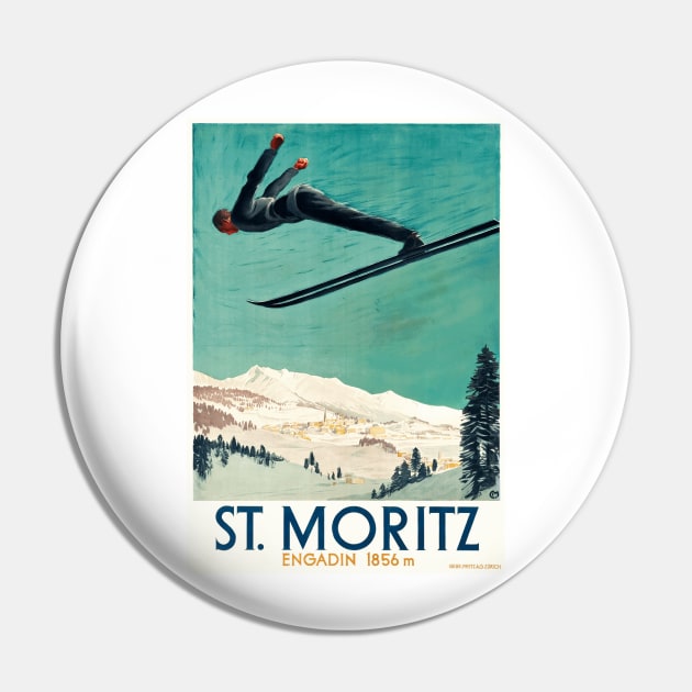 Ski Jumping at St. Moritz, Switzerland - Vintage Travel Poster Design Pin by Naves