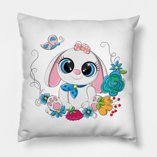 Funny rabbit on a background of flowers Pillow