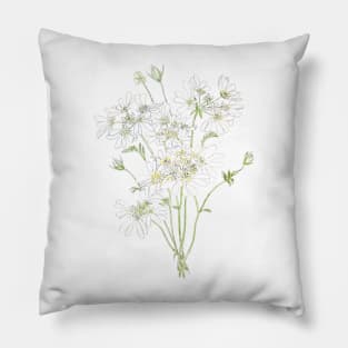 delicate white flowers ink and  watercolour Pillow