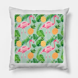 Tropical trendy seamless pattern with pink flamingos, pineapples and palm leaves Pillow