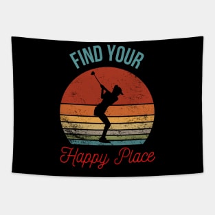 Find Your Happy Place - Female Golfer Silhouette Over a Retro Sunset Tapestry