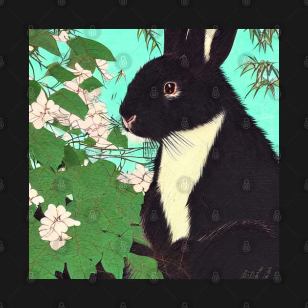 Cute Floral Black Fuzzy Lop Rabbit with Binkying Eyes Innocent Bunny Expression Emotional Animal by wigobun