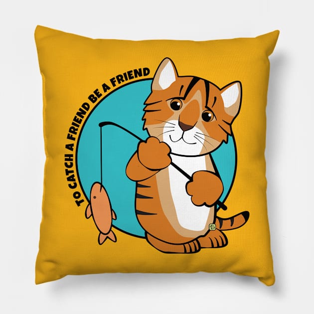 To Catch a Friend Fish and Tiger Cat Pillow by Sue Cervenka