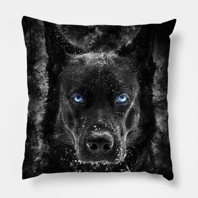 Black Wolf with blue eyes vector Pillow by syanart