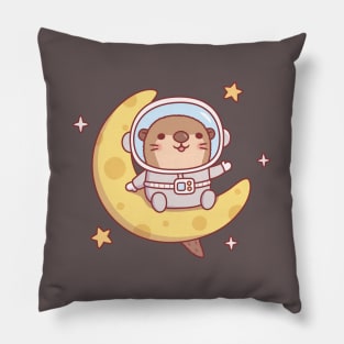 Cute Otter Astronaut Sitting On The Moon Pillow