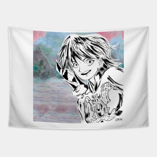 anime girl in magical world ecopop ink art wallpaper Tapestry