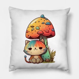 Psychedelic Cat Under Mushroom Cartoon Design Pillow