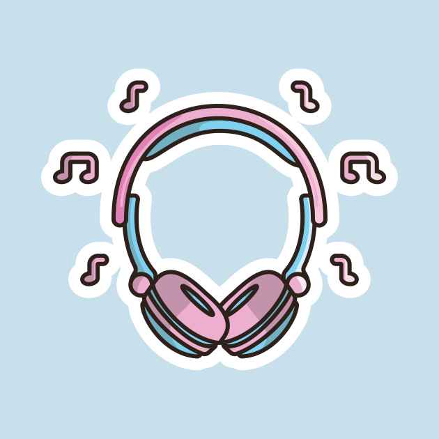 Headphone Device with Music Notes Sticker vector illustration. Sports and recreation or technology object icon concept. Headphones for gamers, music concept sticker design with shadow. by AlviStudio