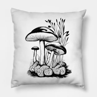 Mushroom line art wild garden collection tattoo style drawing Pillow