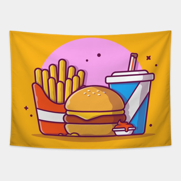 Burger, French fries And Soft Drink Cartoon Vector Icon Illustration (2) Tapestry by Catalyst Labs