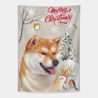 Shiba Inu Merry Christmas Santa Dog Holiday Greeting Tapestry