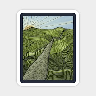 Green Hills and Sun Line Art Design Magnet