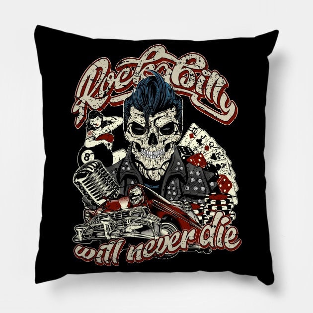 Rockabilly will never die Hot Rod skull Pillow by RockabillyM