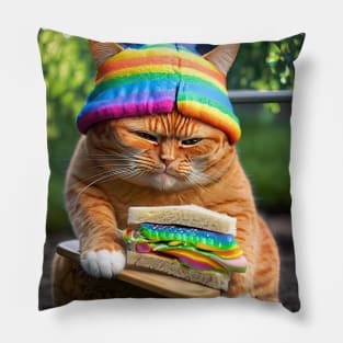 Orange Cat with Rainbow Hat Pillow