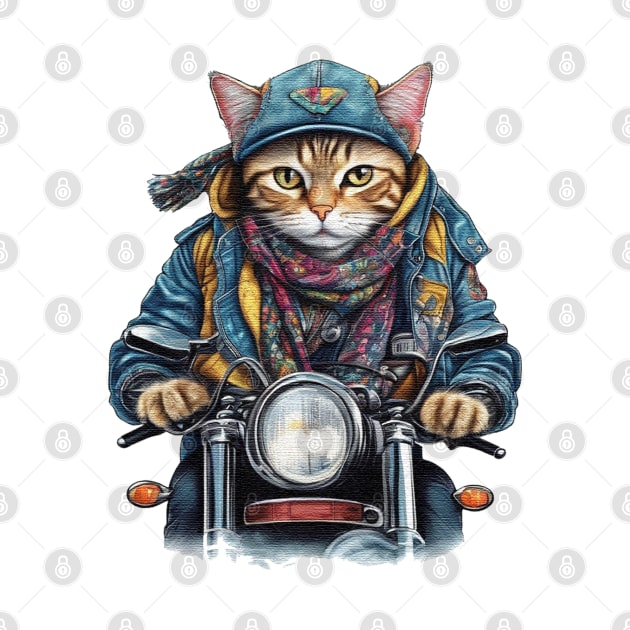 cat wearing a jackets hat and a scarf on a motorcycle by JnS Merch Store