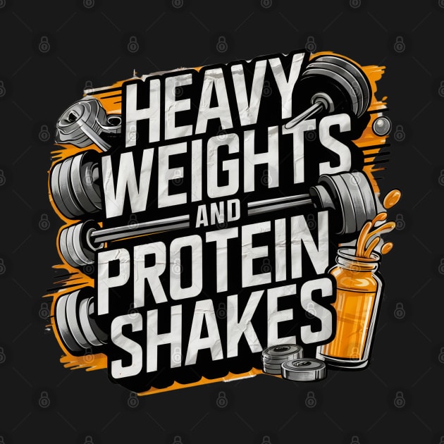 "Heavy weights and protein shakes" gym workout typography by Digimux