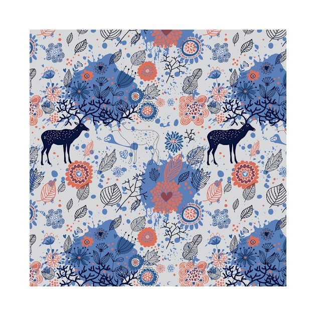 Blue Forest Deer Pattern by AnnieWijaya