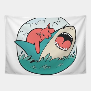 Cat Biting Shark Tapestry