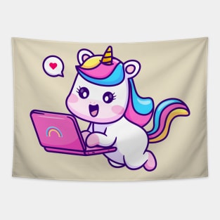 Cute Unicorn Working On Laptop Cartoon Tapestry